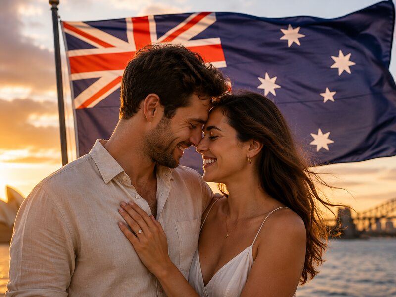 A newly engaged couple by Sydney Harbour
