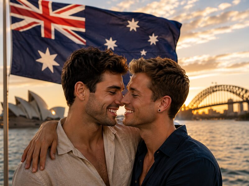 A couple by Sydney Harbour at sunset